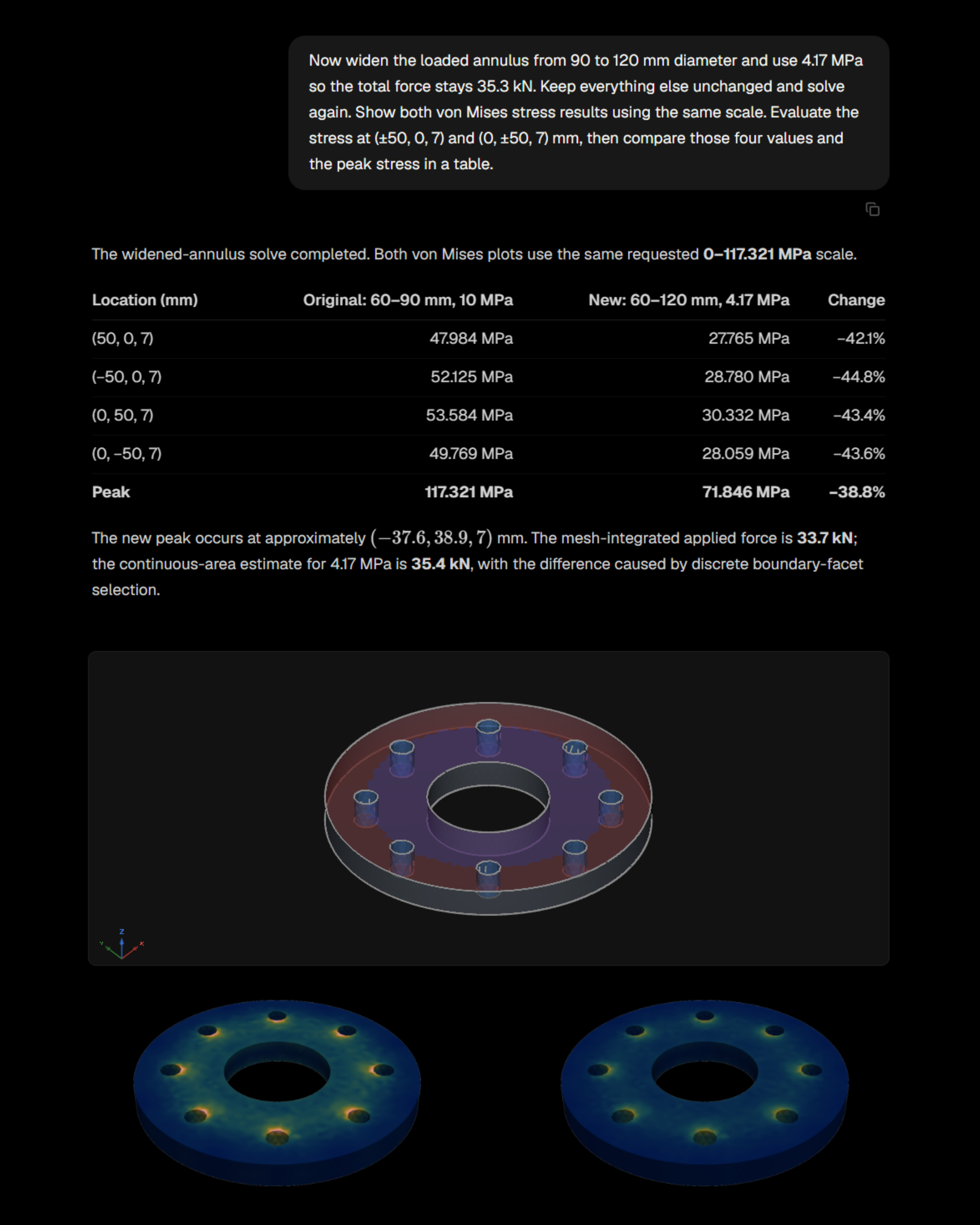 An Eigenform structural what-if comparing stress results after changing the loaded annulus