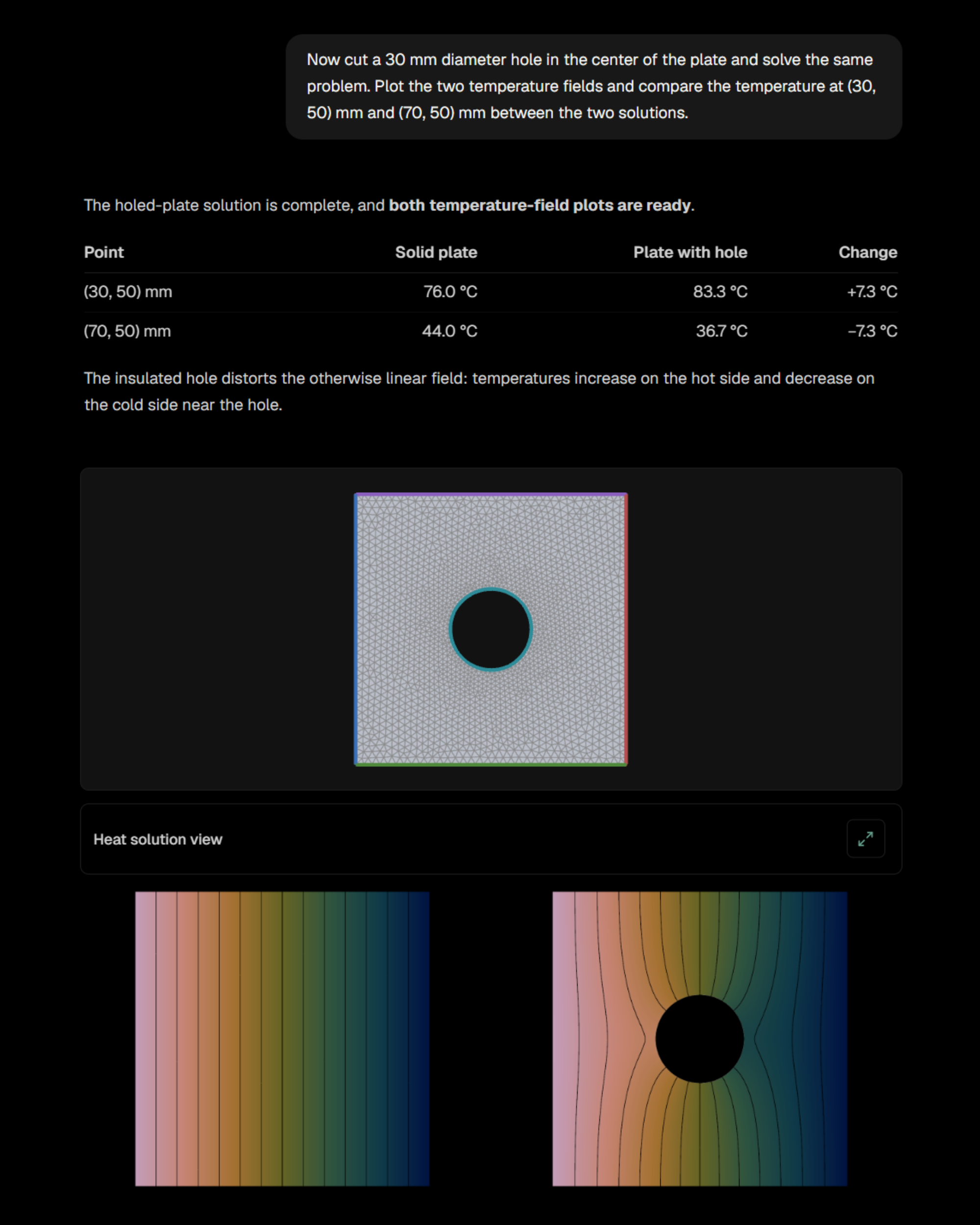 Two Eigenform thermal simulation runs compared side by side with a written result summary
