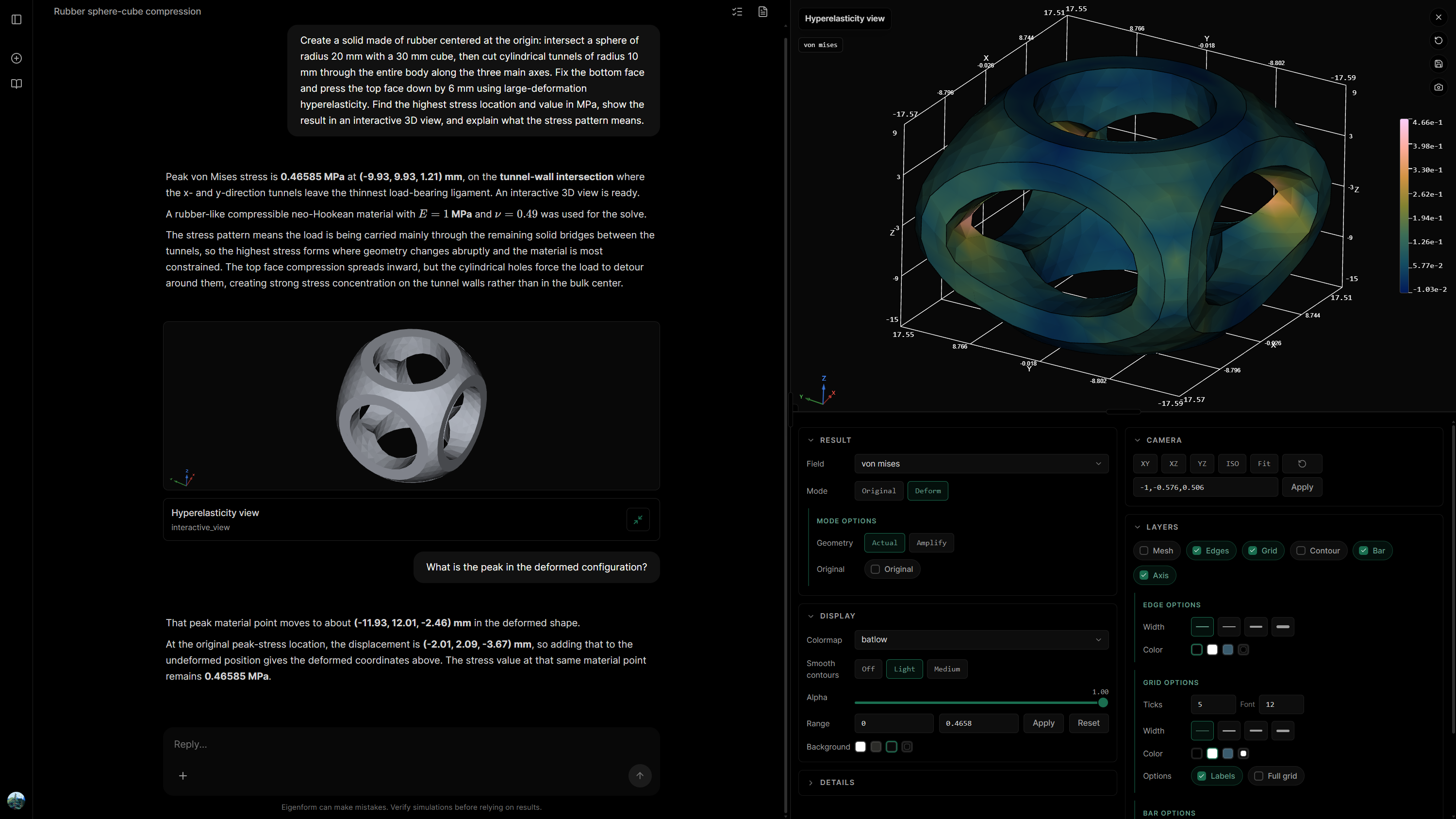 Eigenform product screenshot showing a simulation conversation and result view