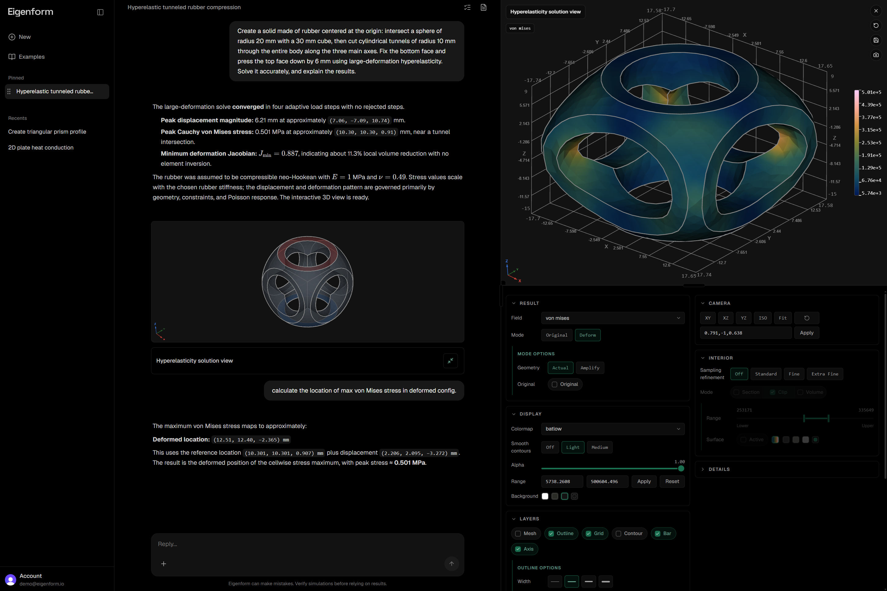 Eigenform product screenshot showing a simulation conversation and result view