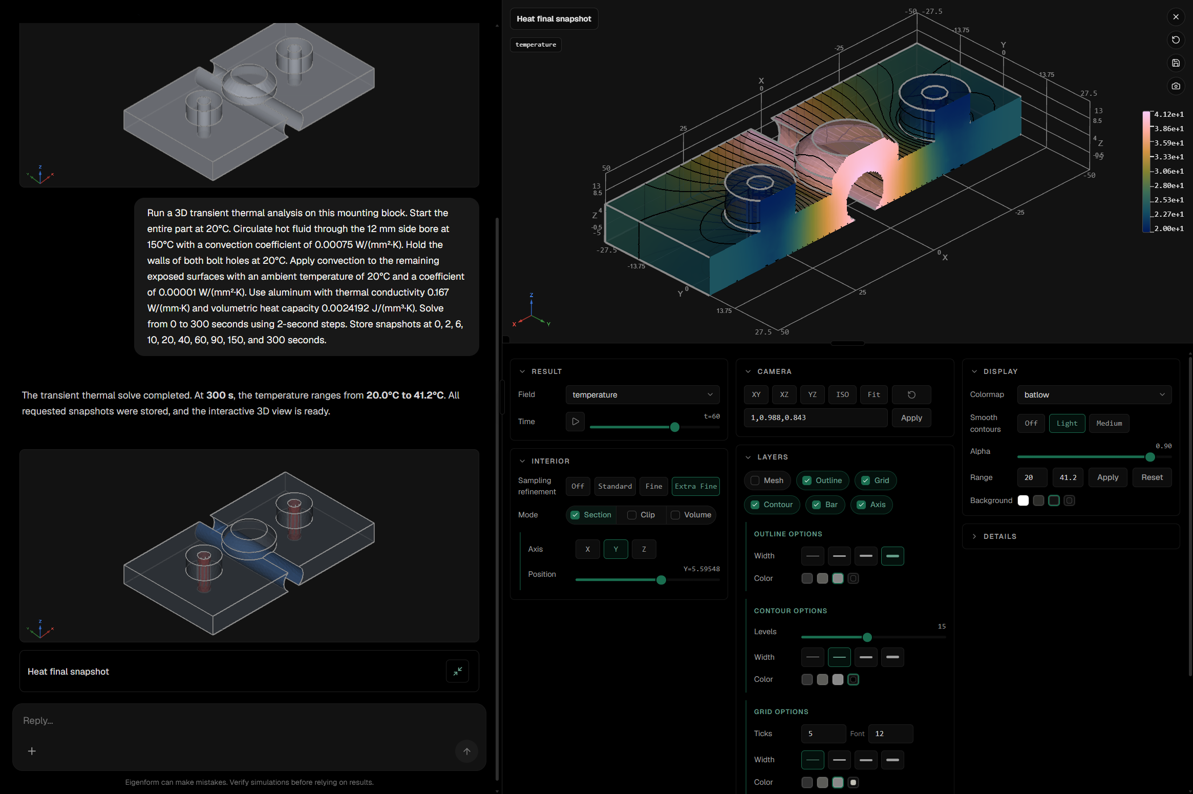 The expanded Eigenform inspector showing the transient temperature field, section view, contours, camera, and display controls