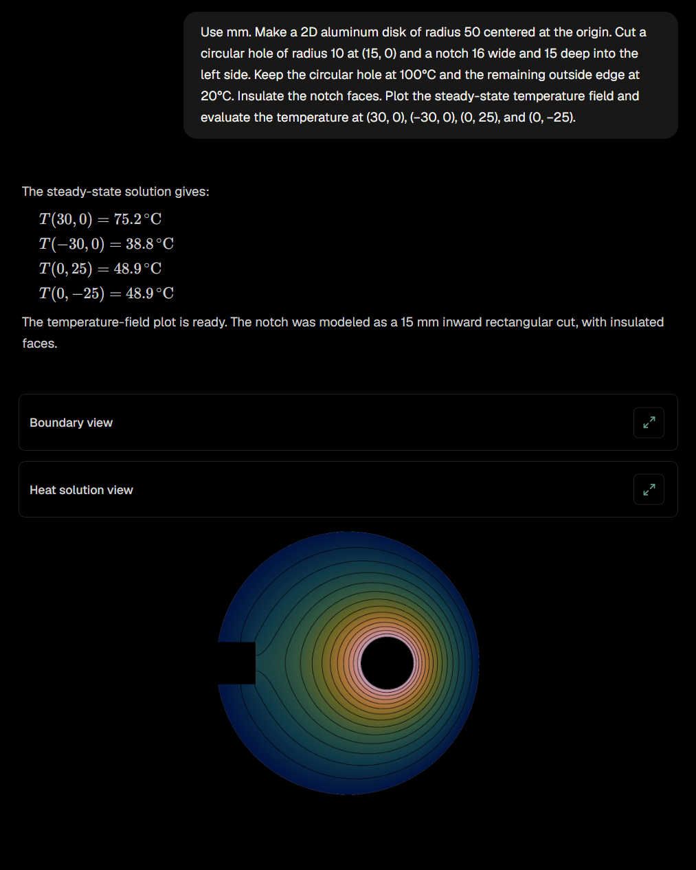 Reproducibility run 1 showing the same notched-disk heat field and four point evaluations