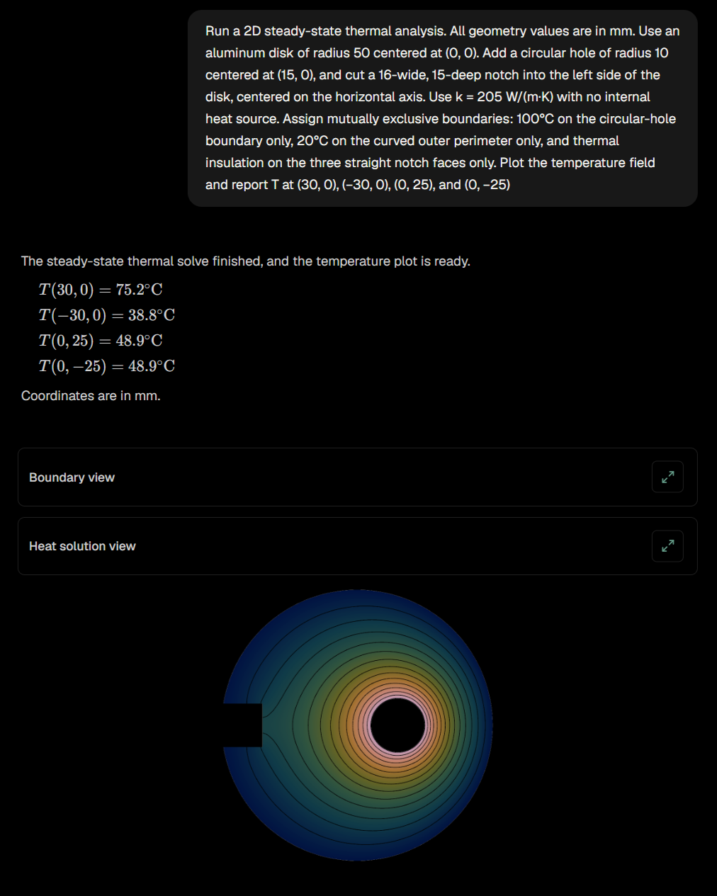 Reproducibility run 2 showing the same notched-disk heat field and four point evaluations