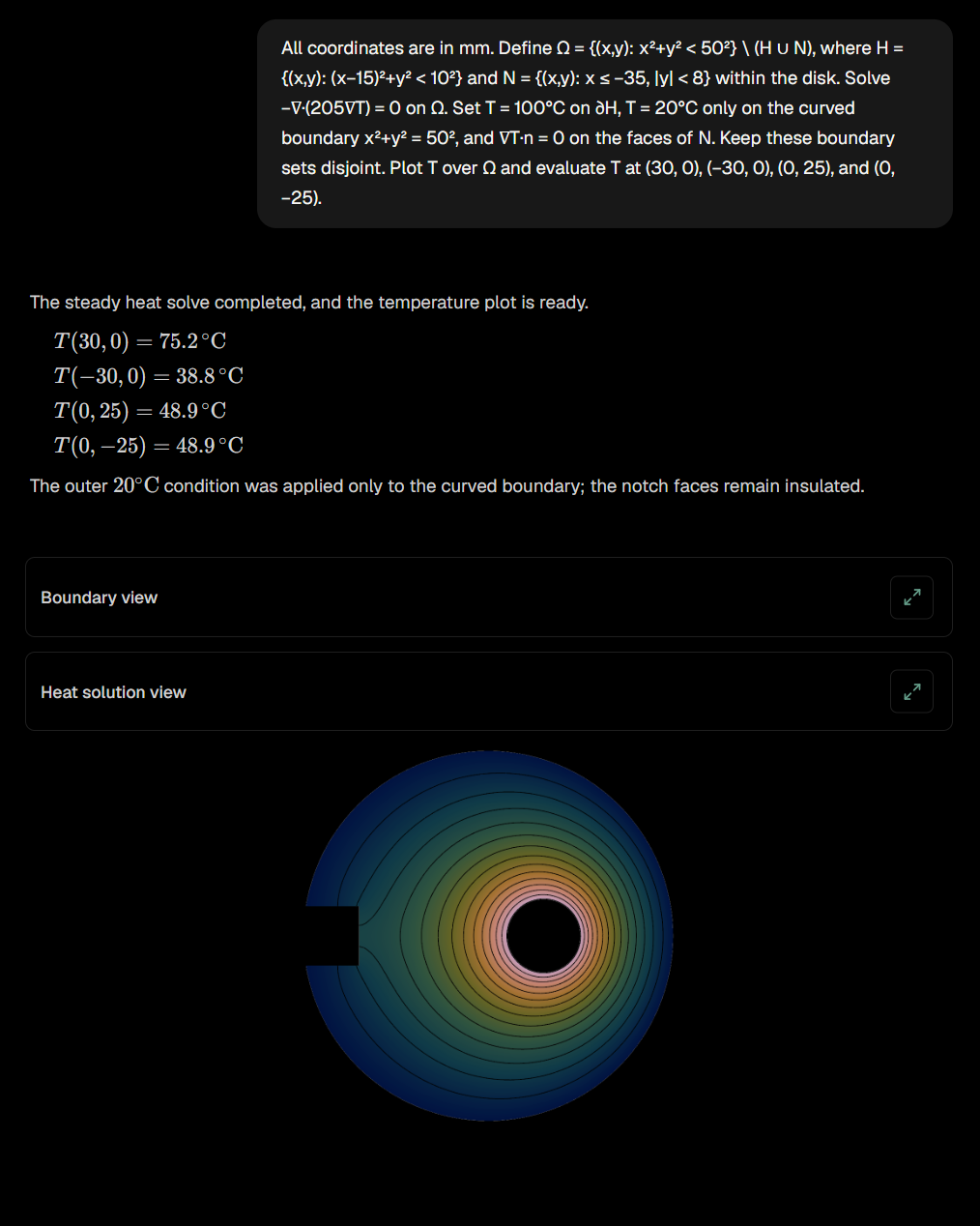 Reproducibility run 3 showing the same notched-disk heat field and four point evaluations